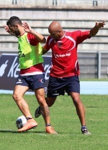 Statella e Baclet durante la rifinitura di stamane (ph. Cosenza Calcio)