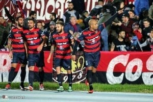 La gioia dopo l'illusorio gol del vantaggio di Baclet