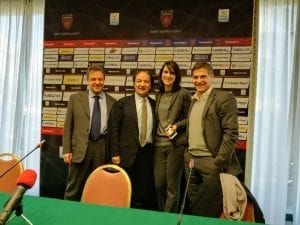 Il dg Federico, il presidente Guarascio, la responsabile del marketing Simona Di Carlo e il DS Aladino Valoti
