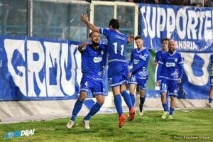 L'esultanza dopo il gol decisivo di Croce contro l'Akragas (photo Albore)
