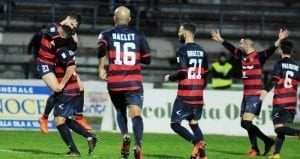 Esultanza rossoblu dopo il gol di Calamai (photo Rosito)