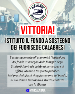 Azione Universitaria Calabria su istituzione fondo studenti fuori sede: vittoria storica