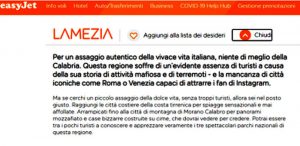 Il messaggio sul sito di EasyJet per promuovere la Calabria