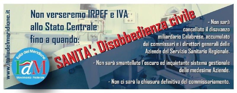 Calabria, Sanità_ Italia del Meridione avvia campagna di _Disobbedienza Civile_