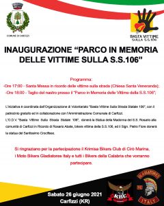 Carfizzi, il 26 giugno inaugurazione Parco in memoria delle vittime sulla SS 106