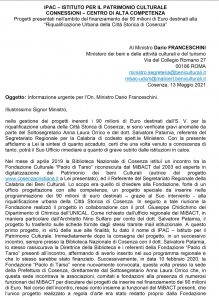 La comunicazione inviata al Ministro Dario Franceschini, in data 13 maggio 2021