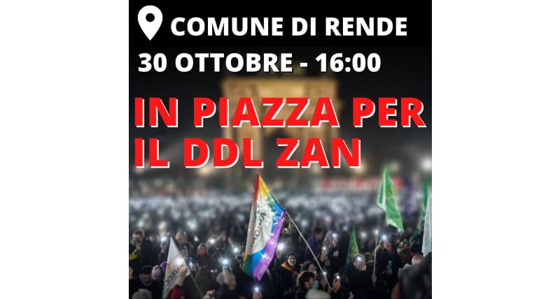 Mobilitazione nazionale DDL Zan, domani a Rende il presidio alle 16 a piazza Borromeo