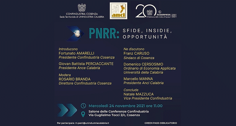 Unindustria Calabria, il 24 novembre dibattito "PNRR: sfide, insidie, opportunità"