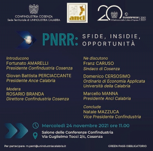 Unindustria Calabria, il 24 novembre dibattito "PNRR: sfide, insidie, opportunità"