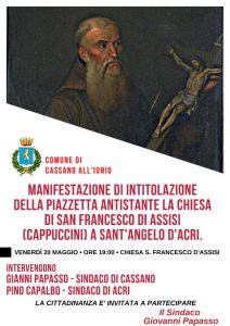 Cassano, il 20 maggio intitolazione piazzetta a Sant'Angelo D'Acri