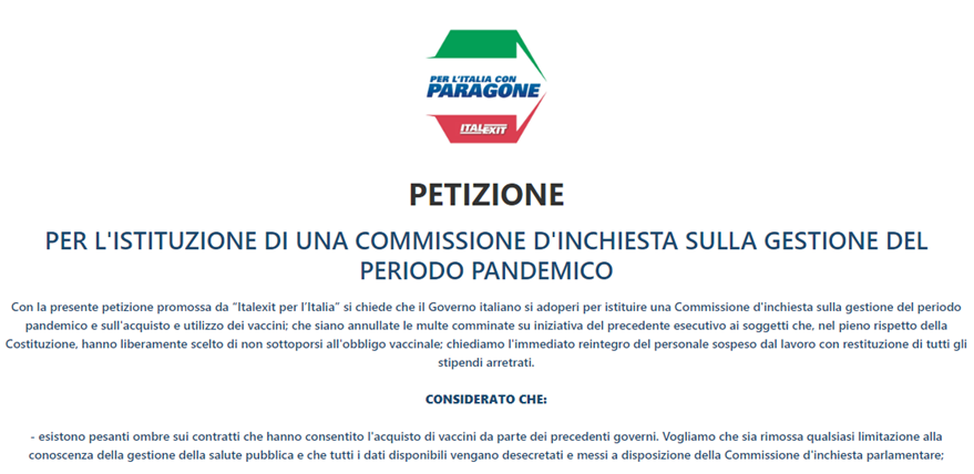 Petizione per gestione del periodo pandemico