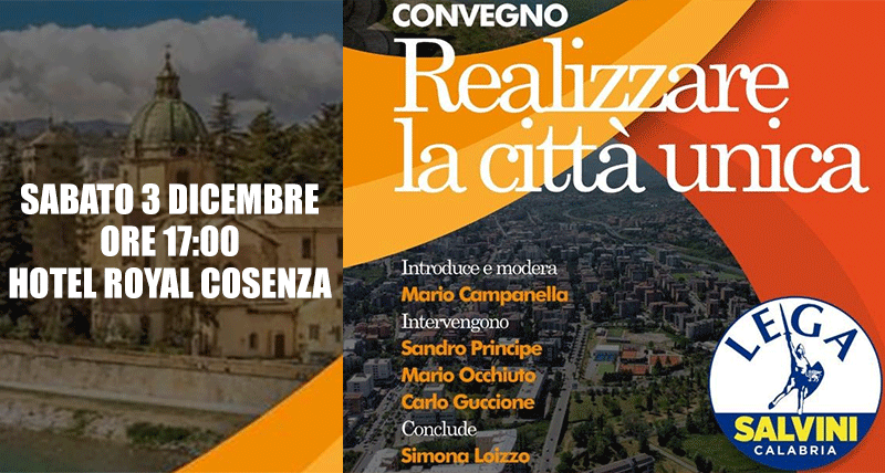 Sabato 3 dicembre dibattito sulla città unica a Cosenza