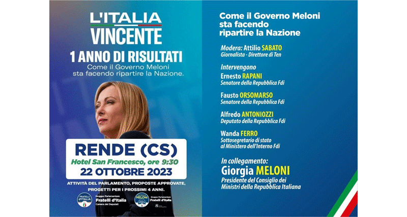 Rende, domenica 22 ottobre convention di Fratelli d'Italia