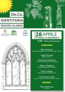 Locandina Presentazione progetto DeCO Identitaria Regione Calabria 28 aprile 2025