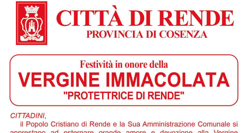 Rende in festa per l’Immacolata: sabato 28 febbraio la consegna delle chiavi