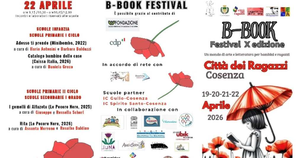 Cosenza, B-Book Festival: dal 19 al 22 aprile il decennale alla Città dei Ragazzi