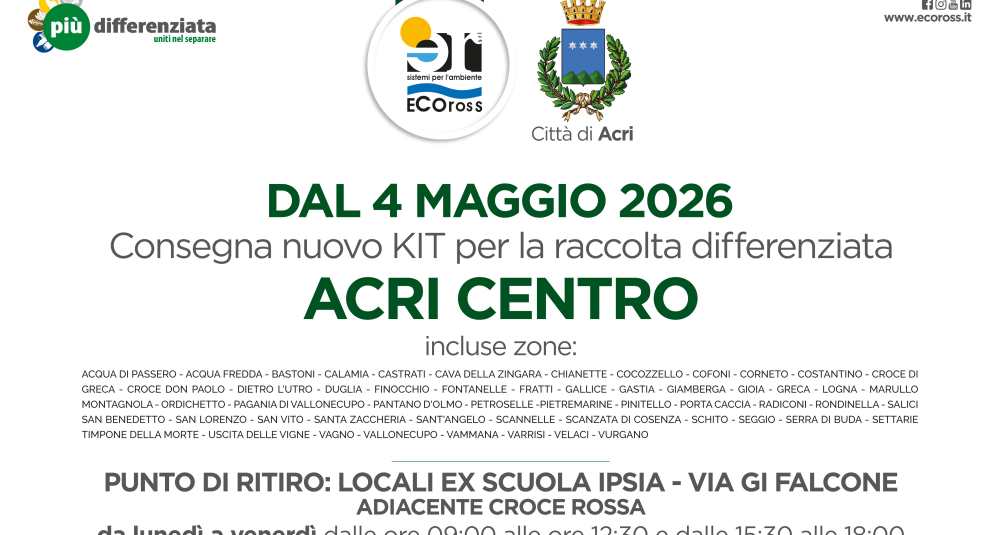 Igiene Urbana, il Comune di Acri rinnova il servizio: distribuzione kit al via