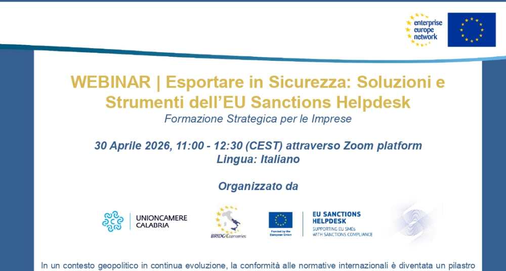 Unioncamere Calabria guida le PMI: webinar su export sicuro e sanzioni UE