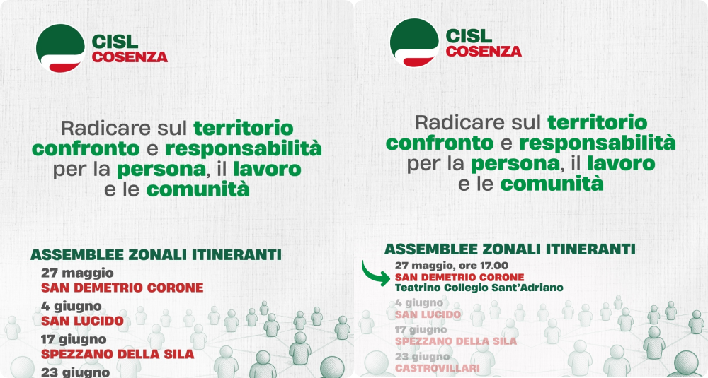 CISL Cosenza, al via da San Demetrio Corone gli incontri su lavoro e territorio