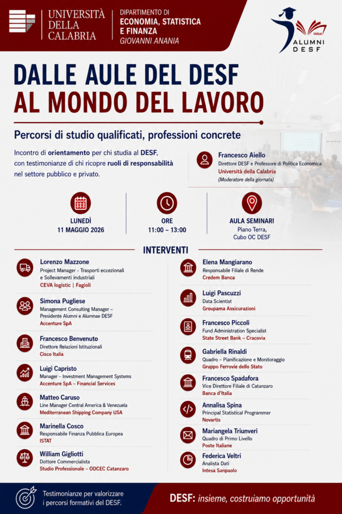 Unical, l'11 maggio l'evento "Dalle aule del DESF al mondo del lavoro"