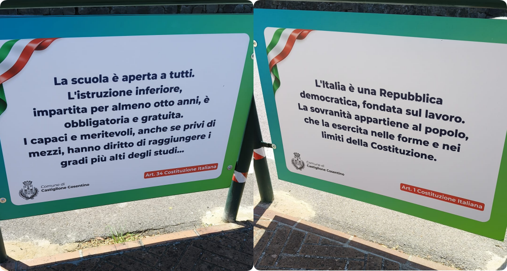 Castiglione Cosentino, la Costituzione scende in strada: ecco i pannelli urbani