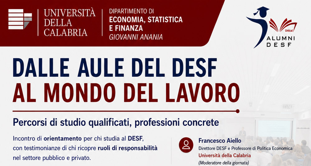 Unical, l'11 maggio l'evento "Dalle aule del DESF al mondo del lavoro"