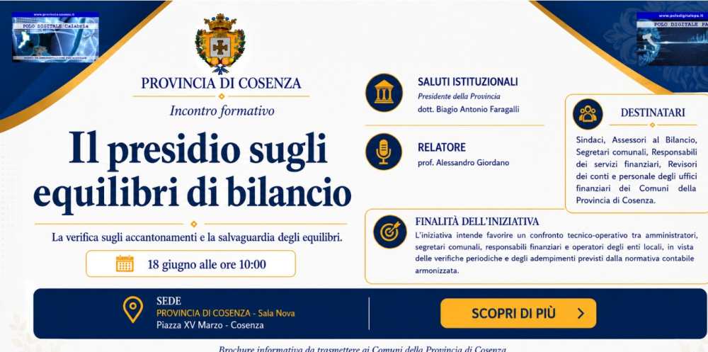 Alta formazione per la PA: Provincia di Cosenza e Polo Digitale Calabria a fianco dei Comuni sulla gestione finanziaria