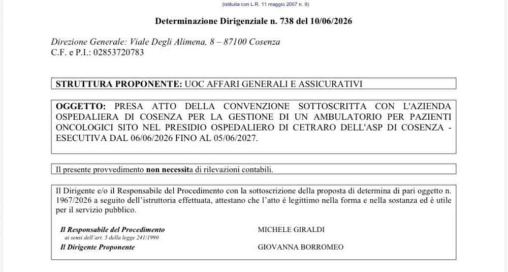 Sottoscritta convenzione tra ASP e AO di Cosenza per il nuovo ambulatorio oncologico nel presidio di Cetraro