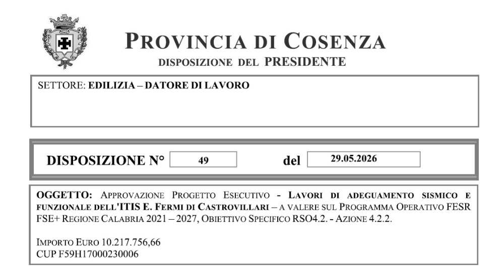 Approvato il piano di adeguamento funzionale per il Fermi di Castrovillari: la Provincia di Cosenza stanzia dieci milioni di euro