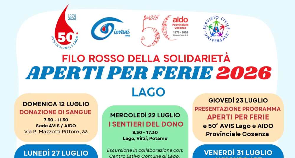 Lago, torna la solidarietà estiva con “Aperti per ferie”: AVIS e AIDO in campo verso i 50 anni di storia