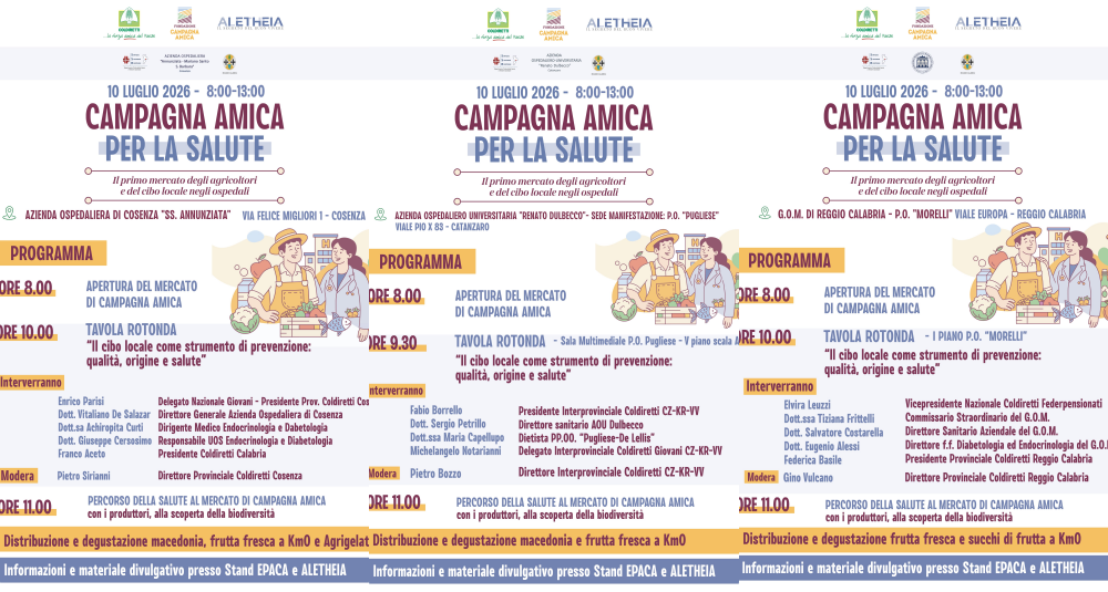 “Campagna Amica per la Salute” sbarca negli ospedali di Cosenza, Catanzaro e Reggio Calabria: mercati contadini nelle corsie