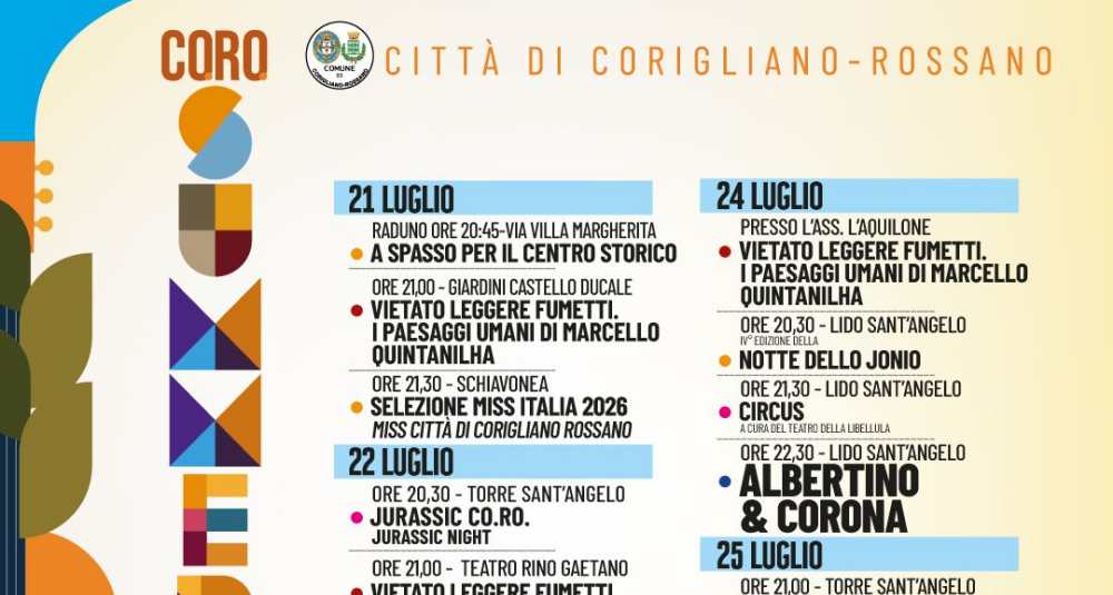 Co.Ro. Summer Fest 2026, svelato il programma della settimana: tutti gli eventi dal 21 al 26 luglio