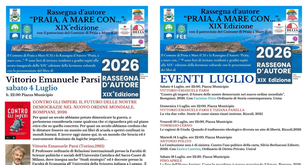 Al via la XIX edizione della Rassegna d’Autore “Praia, a Mare con…”. Si parte con Vittorio Emanuele Parsi