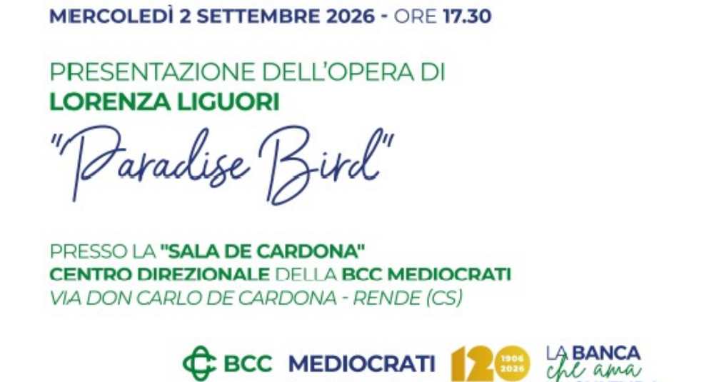 BCC Mediocrati, il 2 settembre a Rende la presentazione dell’opera di Lorenza Liguori