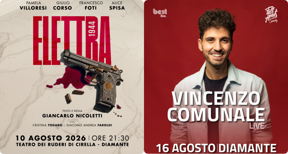 Diamante, Teatro dei Ruderi: il 10 agosto “Elettra 1944” con Pamela Villoresi, il 16 agosto Vincenzo Comunale