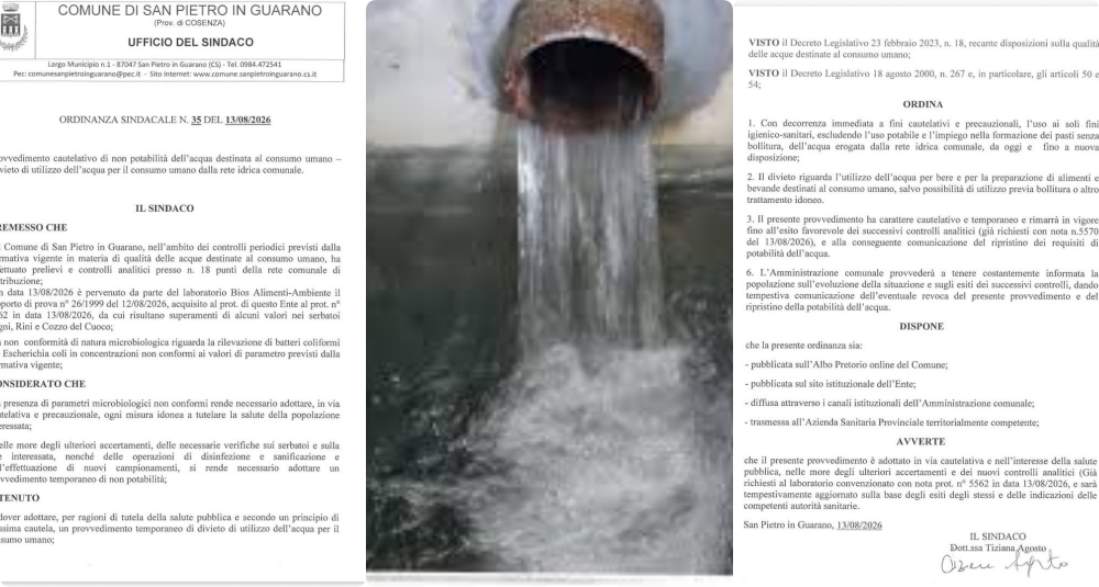 Batteri nell’acqua a San Pietro in Guarano: scatta il divieto di bere l’acqua di rubinetto