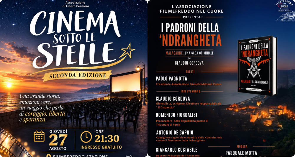 Fiumefreddo nel Cuore chiude l’estate: il 27 agosto Cinema sotto le stelle, il 28 il talk antimafia con Cordova