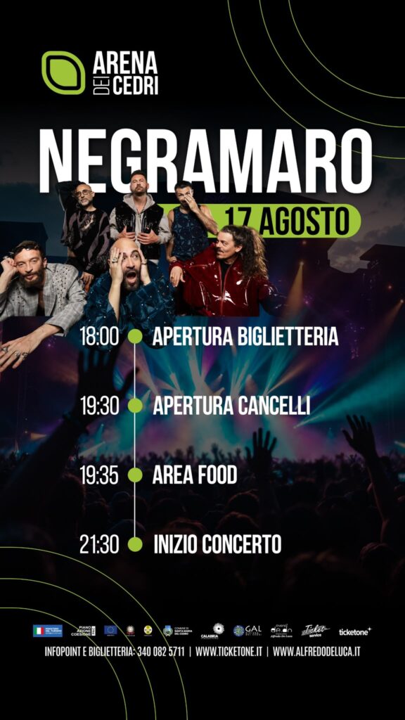 All’Arena dei Cedri arrivano i Negramaro: infoline e orari d’accesso per il concerto del 17 agosto