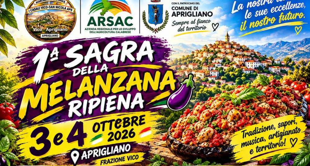 Ad Aprigliano, il 3 e 4 ottobre, la 1ª Sagra della Melanzana Ripiena