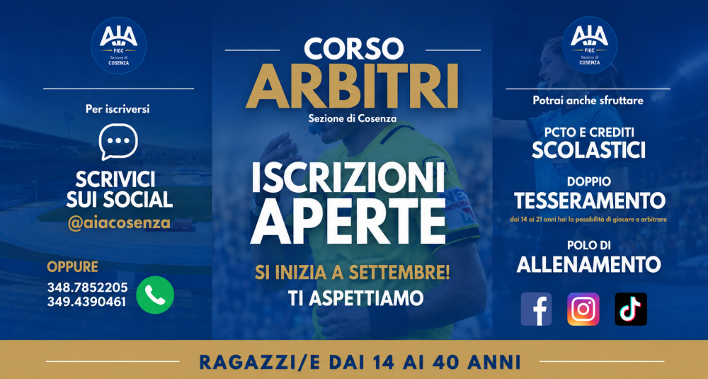 AIA Cosenza lancia il nuovo Corso Arbitri gratuito: aperte le iscrizioni per ragazzi dai 14 ai 40 anni