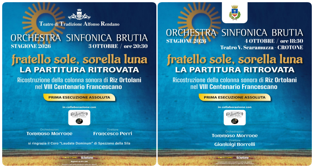 Cosenza e Crotone, la colonna sonora di “Fratello Sole, Sorella Luna” rinasce in concerto con la Brutia