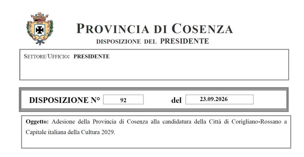 Corigliano-Rossano Capitale della Cultura 2029: la Provincia di Cosenza aderisce e sostiene la candidatura