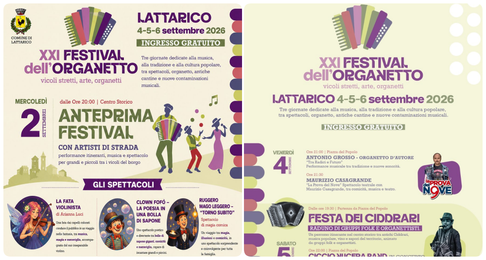 Festival dell’Organetto a Lattarico, il borgo si accende dal 2 al 6 settembre per la 21ª edizione