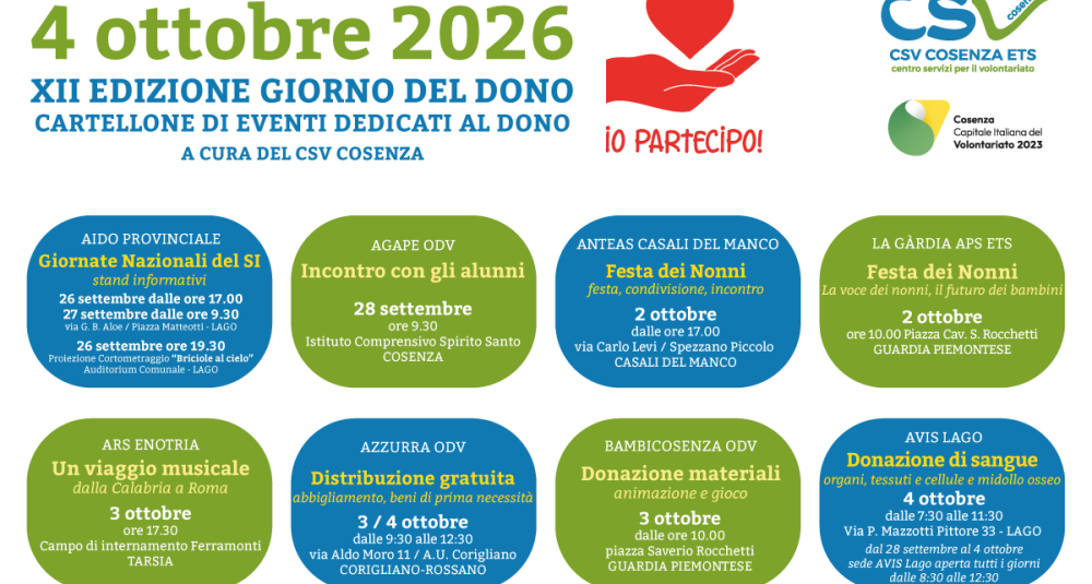 Giorno del Dono 2026, in provincia di Cosenza 8 eventi tra solidarietà, memoria e prevenzione
