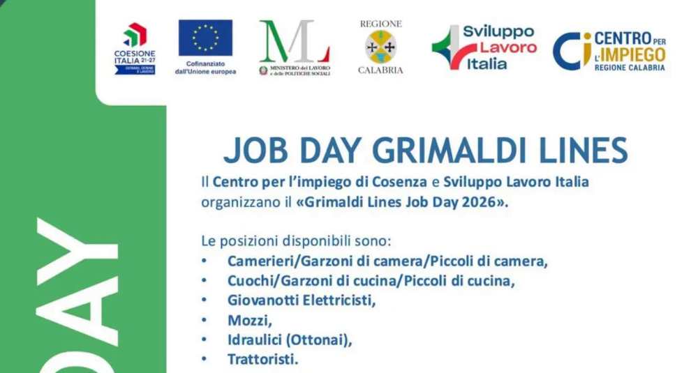 Grimaldi Lines assume a Cosenza: mercoledì il Job Day per oltre 500 operatori marittimi