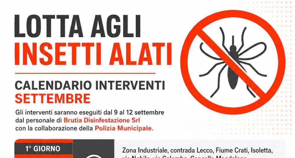Rende, dal 9 settembre scatta il piano disinfestazione contro gli insetti alati: l’elenco completo delle vie interessate