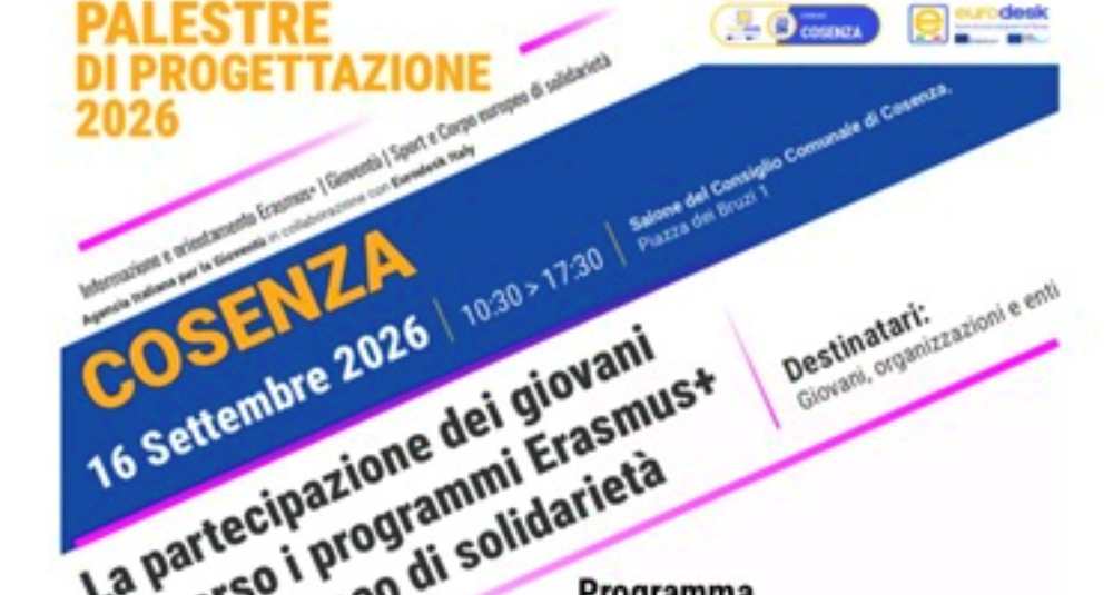 Cosenza, mercoledì 16 settembre la “Palestra di Progettazione” su Erasmus+ e Corpo europeo di solidarietà