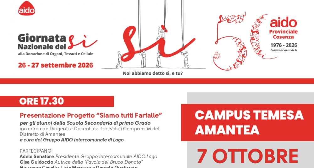 Amantea, AIDO, AVIS e ADMO unite per la donazione: il 7 ottobre la giornata del “SÌ alla vita”