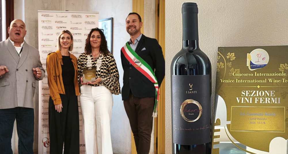 Il vino calabrese trionfa a Venezia: alla cantina “I Santi” di Acri la Gondola d’Oro per il Theoria 2025