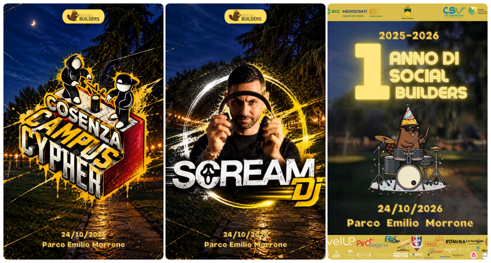 Cosenza, il 24 ottobre la festa per il primo anno di Social Builders: la lineup degli artisti al Parco Morrone